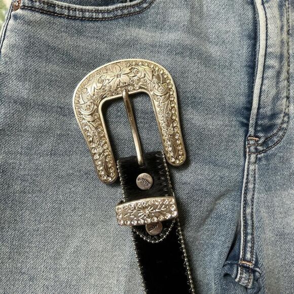 BHW Black and silver and pink leather and cow skin studded belt vintage y2k